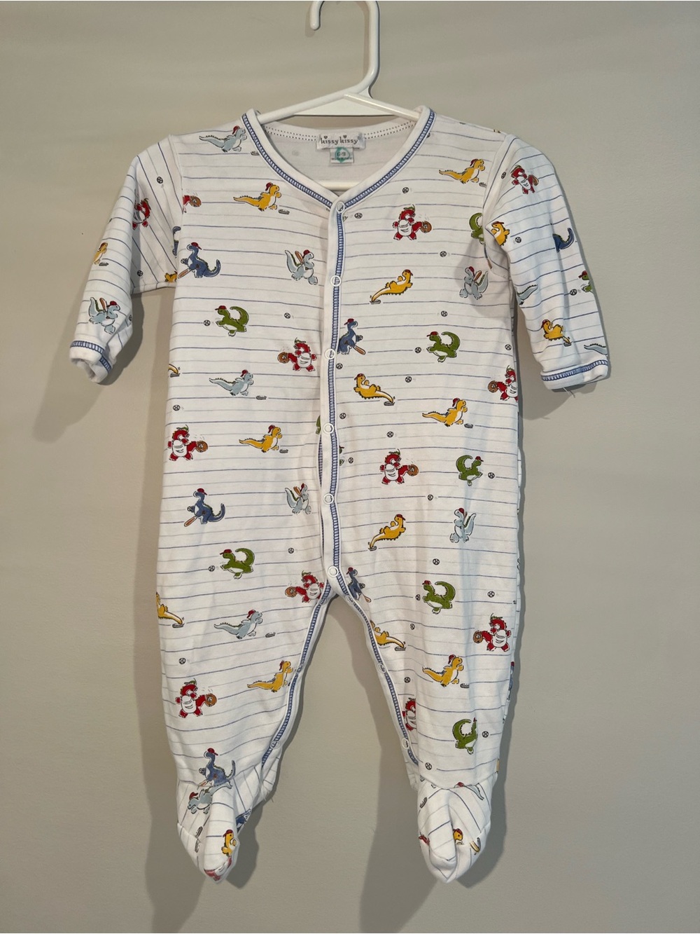 Kissy Kissy White Button Up Footie Striped Dinosaurs Baseball Pima Cotton 6-9M